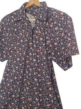 Vintage Dress Small Short Sleeve Floral Blue Pink Belt Cottagecore ILGWU USA